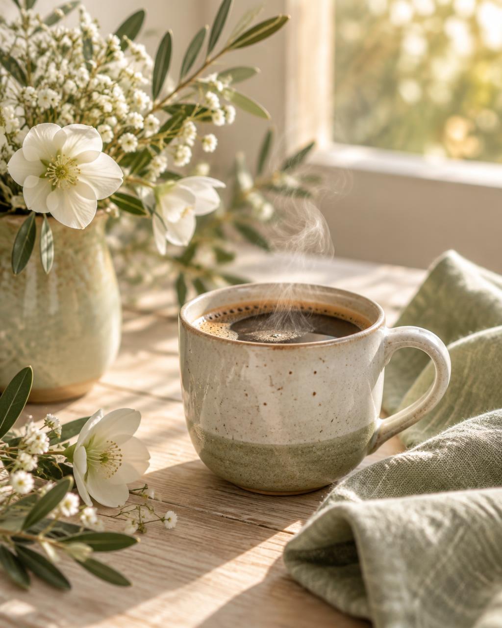 Xícara de café em cerâmica com vapor, flores e linho
