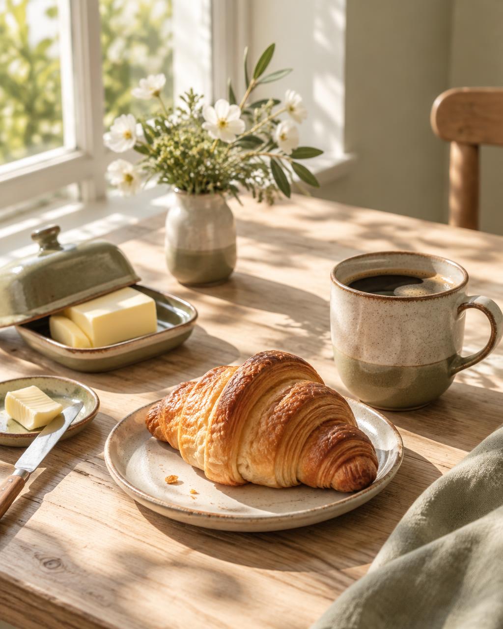 Mesa de café da manhã com croissant, café e flores à luz da manhã